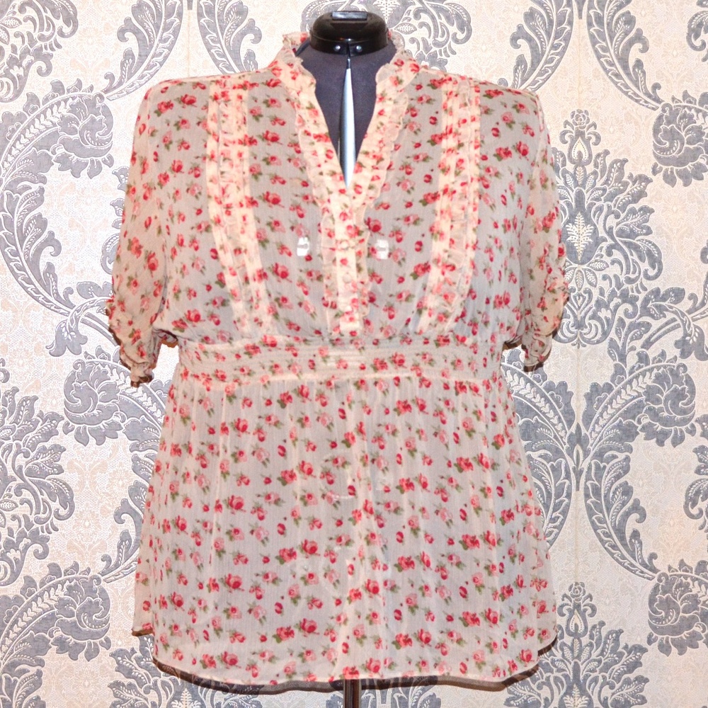 Cream Pink Red Smocked Chiffon Ruffle Babydoll Top